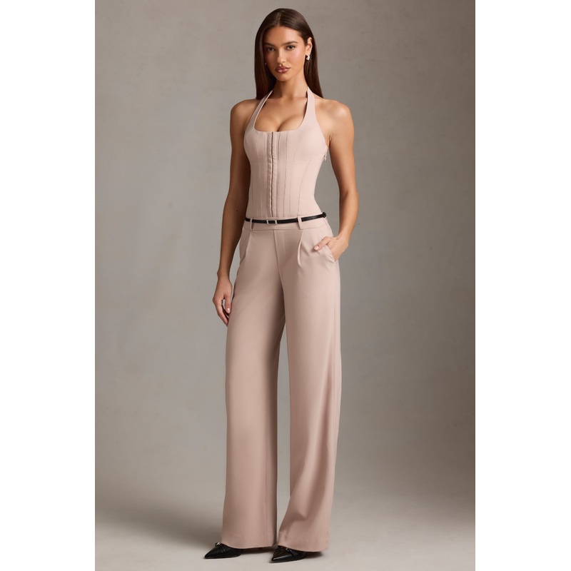 Corset-Detail Halterneck Jumpsuit in Mushroom