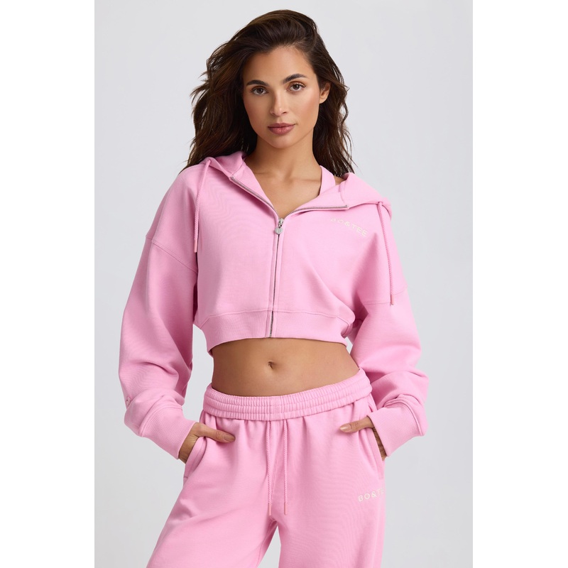 Cropped Zip-Up Hoodie in Baby Pink