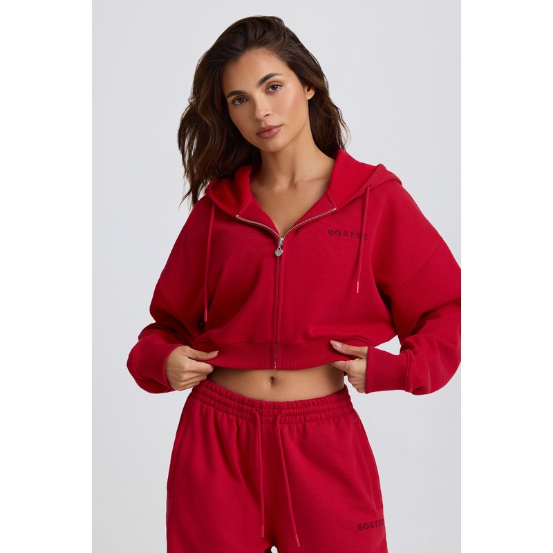 Cropped Zip-Up Hoodie in Hot Red