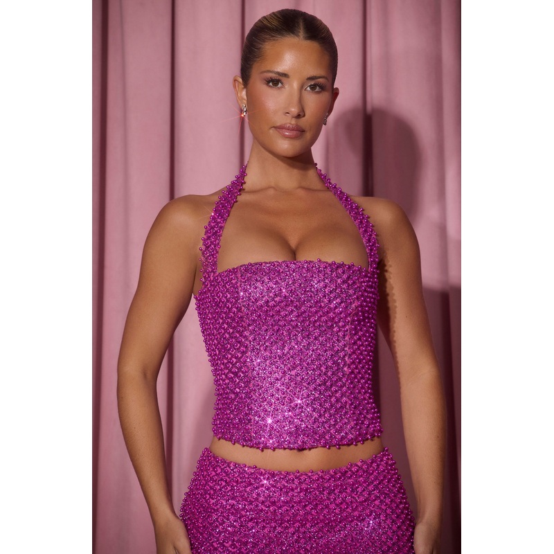 Embellished Halterneck Corset Top in Magenta