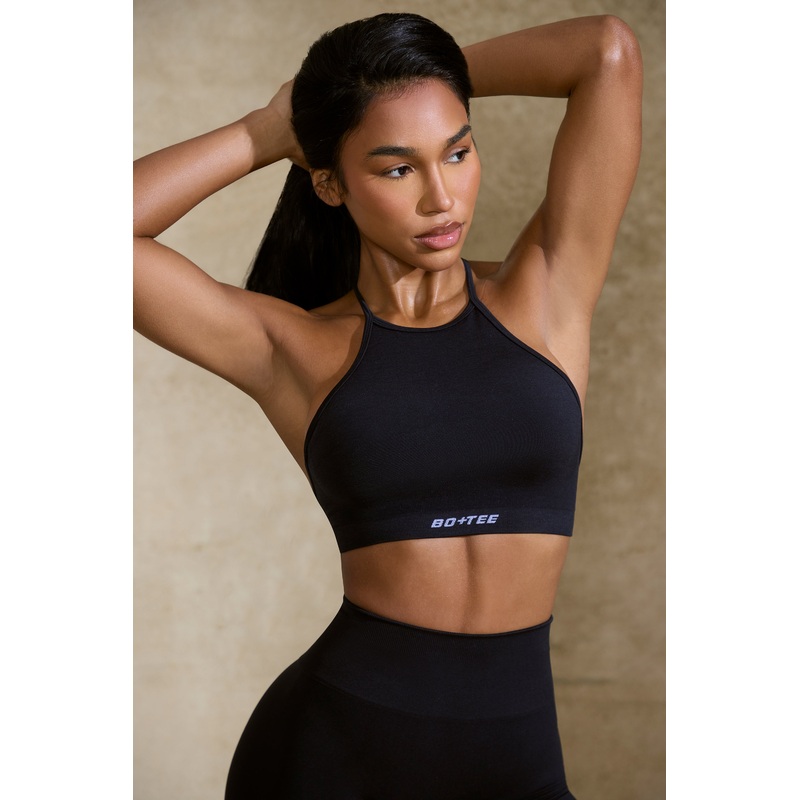 High Neck Open Back Define Luxe Sports Bra in Black