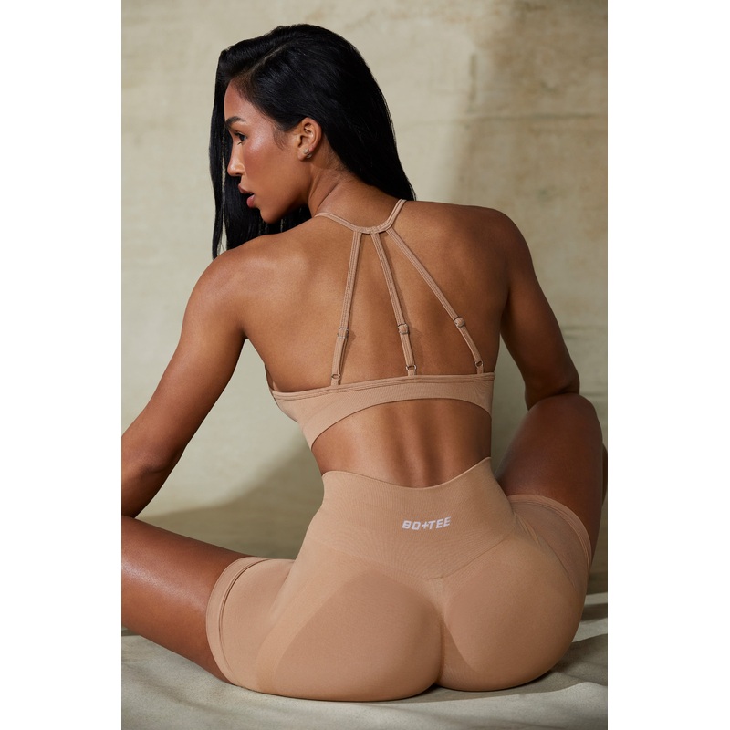 High Neck Open Back Define Luxe Sports Bra in Warm Taupe