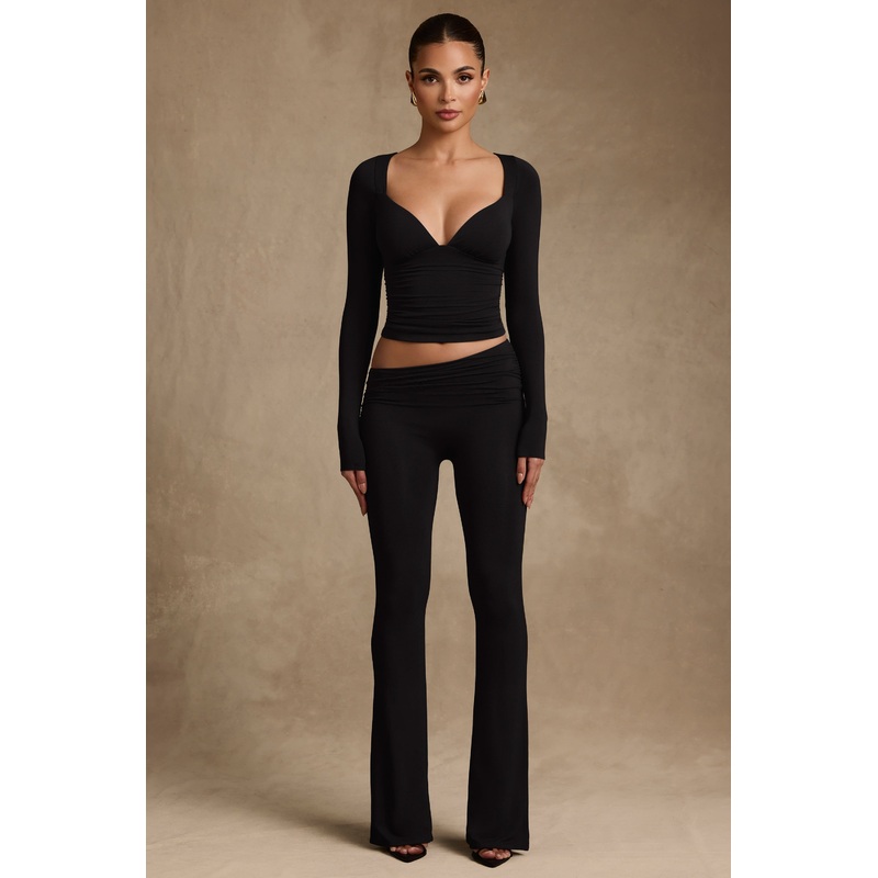 Modal Asymmetric-Waist Flared Trousers in Black