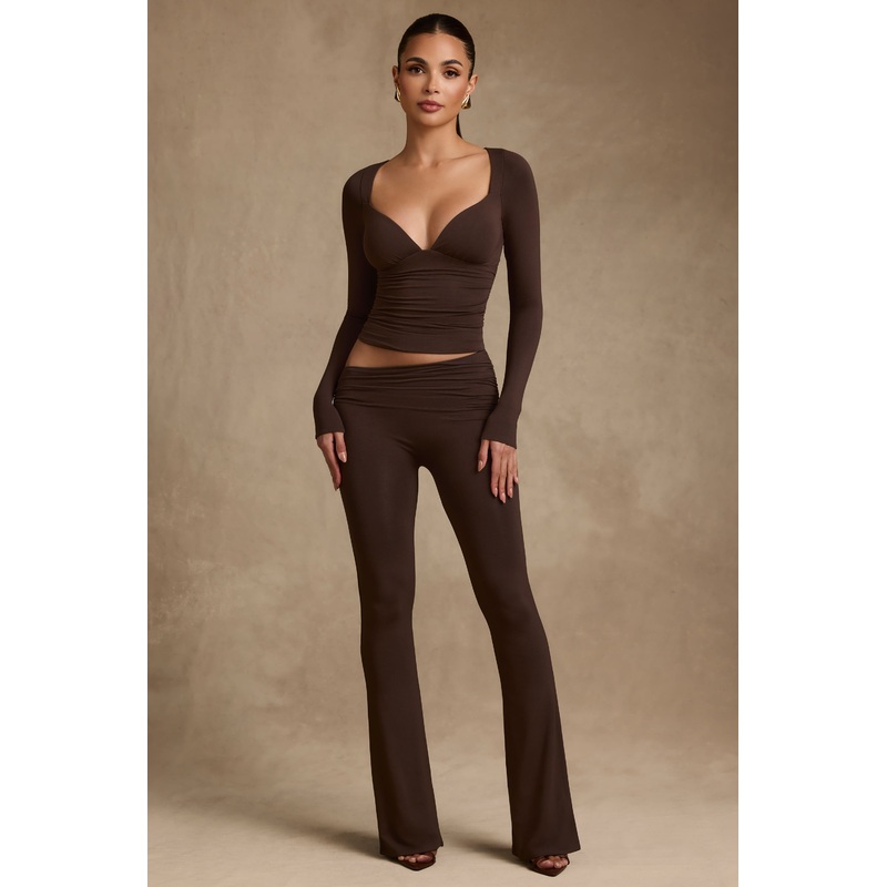 Modal Asymmetric-Waist Flared Trousers in Chocolate Brown