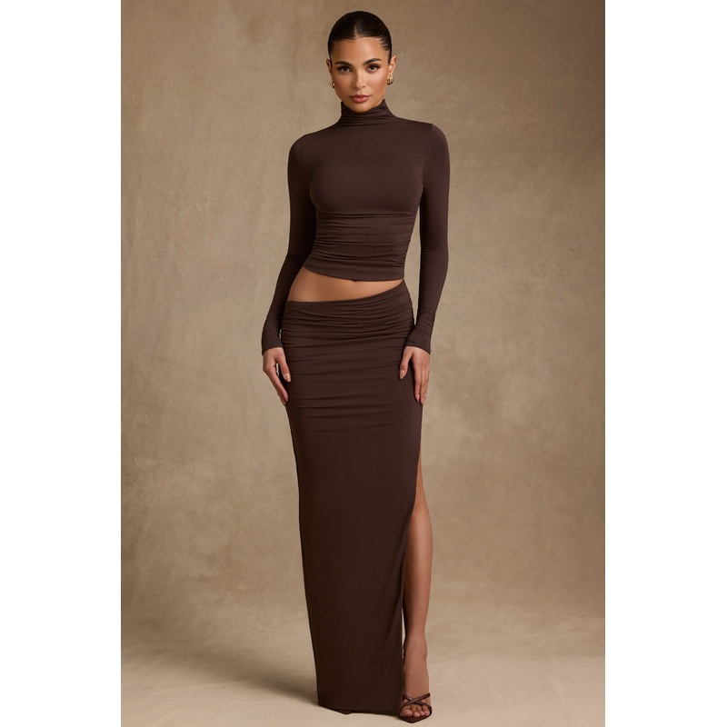 Modal Asymmetric-Waist Maxi Skirt in Chocolate Brown