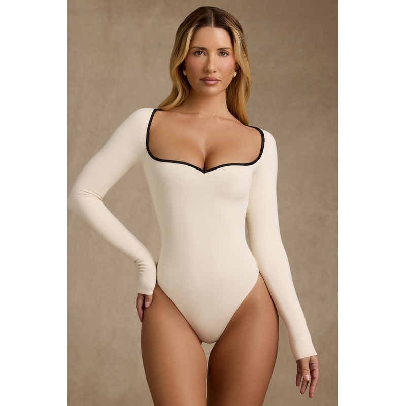 Modal Contrast-Trim Bodysuit in Ivory