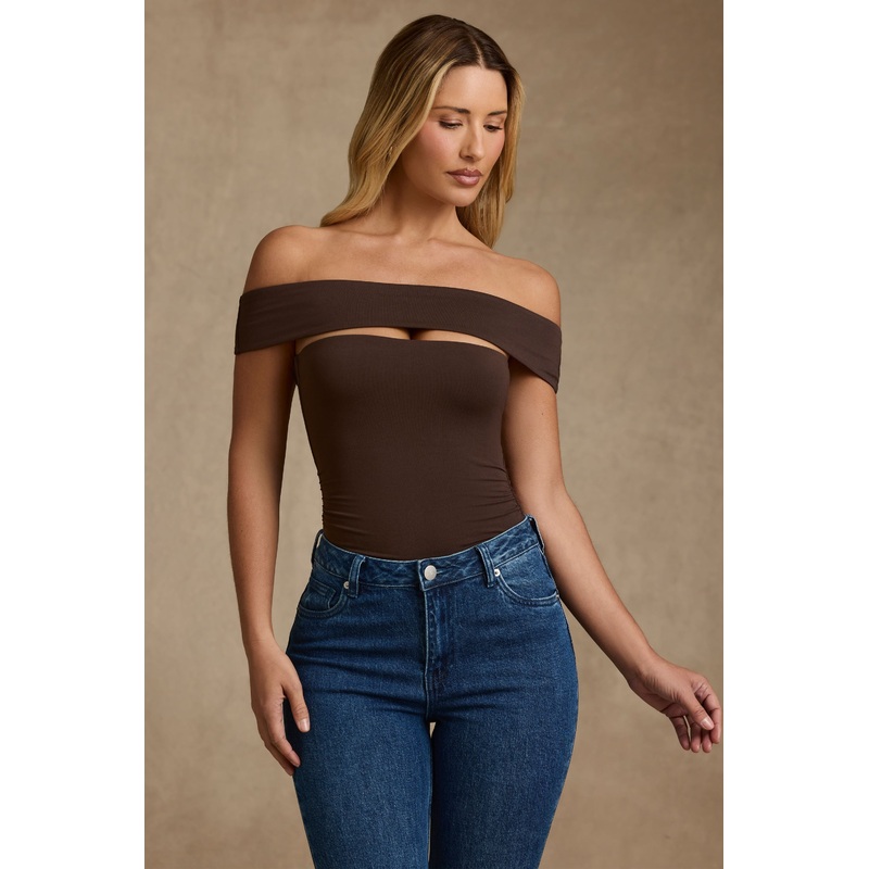 Modal Cut-Out Off-Shoulder Bodysuit in Chocolate Brown