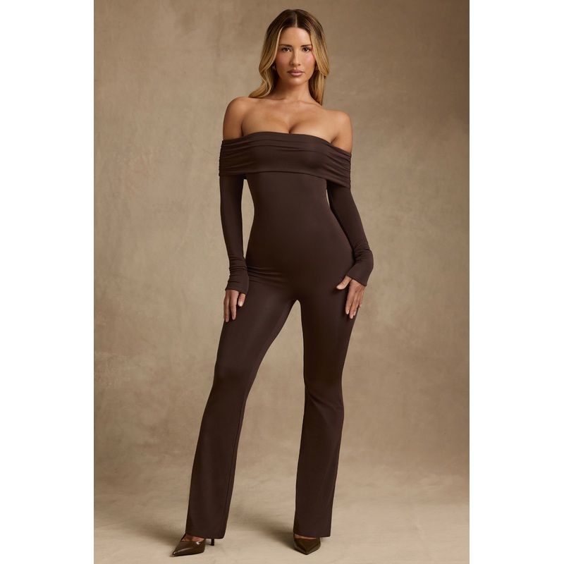 Modal Off-Shoulder Jumpsuit in Chocolate Brown