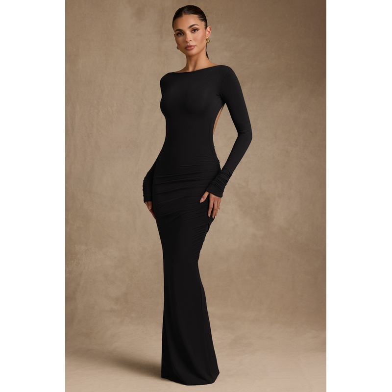 Modal Ruched Backless Maxi Dress in Black