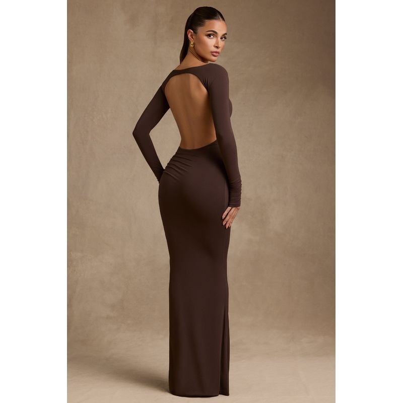 Modal Ruched Backless Maxi Dress in Chocolate Brown