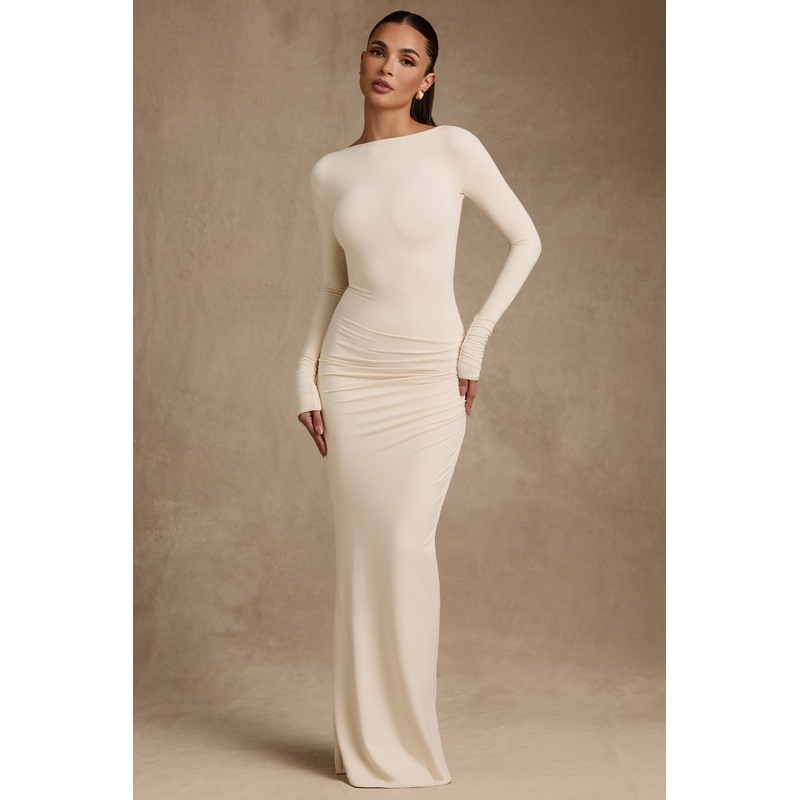 Modal Ruched Backless Maxi Dress in Ivory