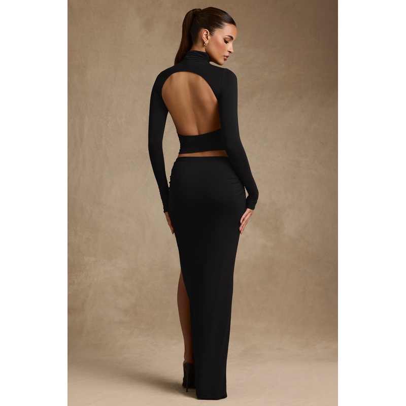 Modal Ruched Backless Turtleneck Top in Black