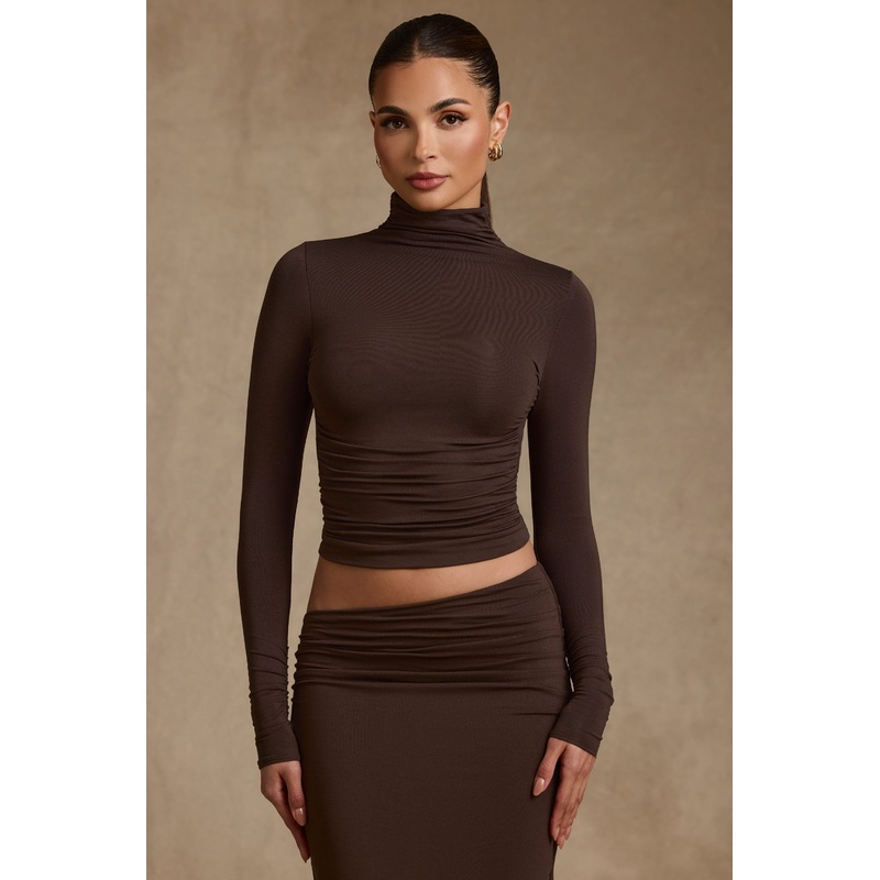 Modal Ruched Backless Turtleneck Top in Chocolate Brown