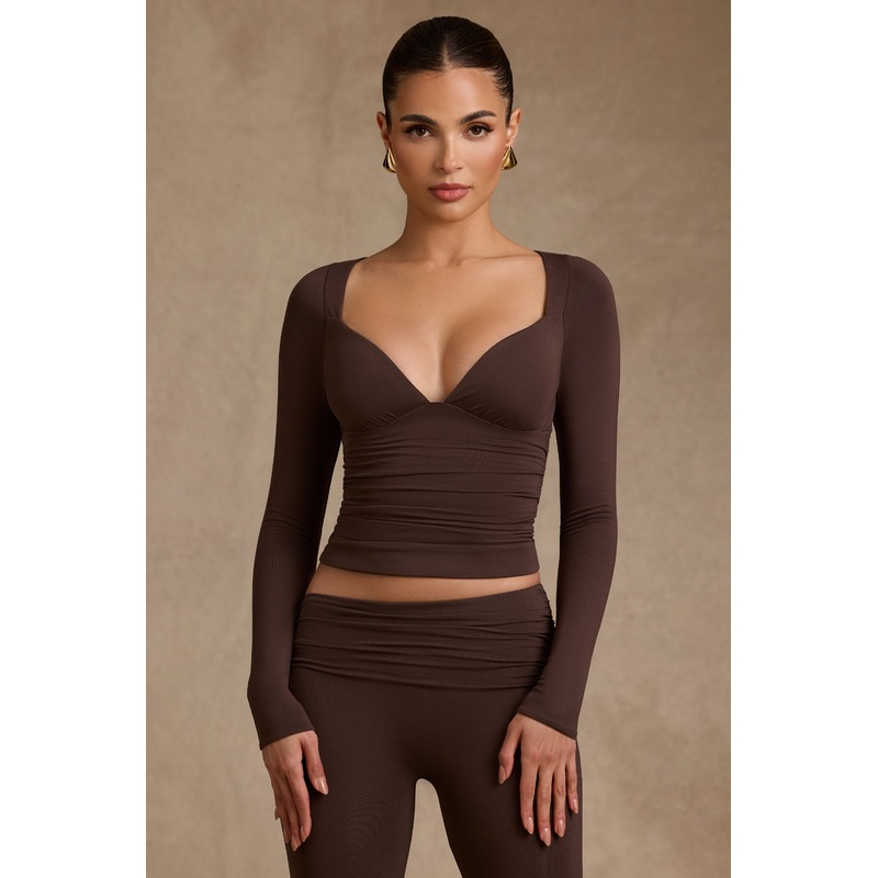 Modal Ruched Long-Sleeve Top in Chocolate Brown