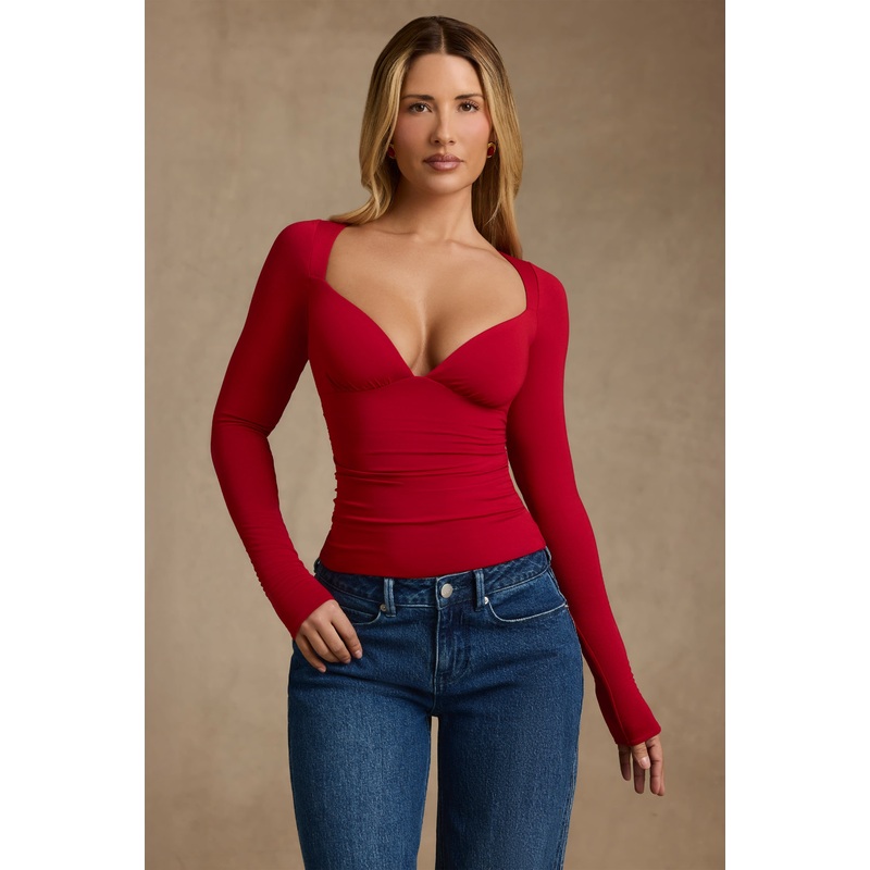 Modal Ruched Long-Sleeve Top in Red