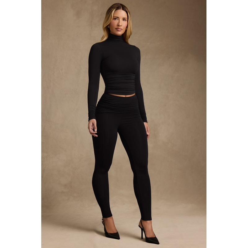 Modal Ruched Mid-Rise Leggings in Black