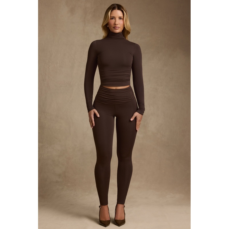 Modal Ruched Mid-Rise Leggings in Chocolate Brown