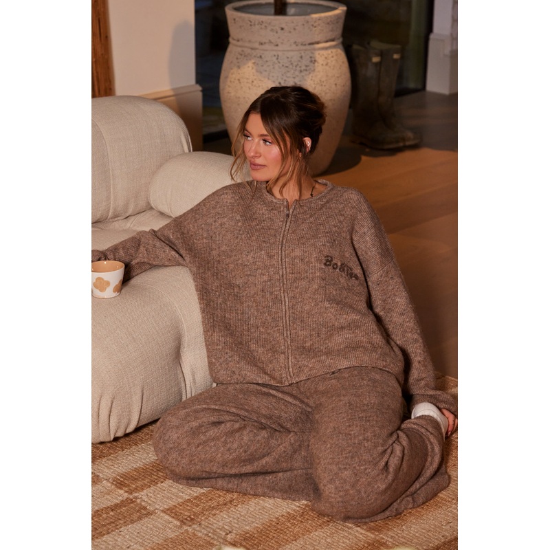 Oversized Zip-Up Cardigan in Brown Marl