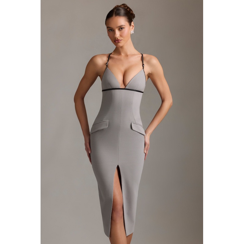 Plunge-Neck Backless Midaxi Dress in Grey