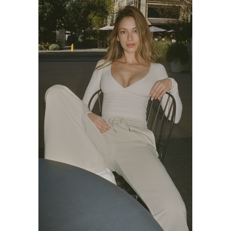 Ribbed Modal Ruched V-Neck Top in Ecru