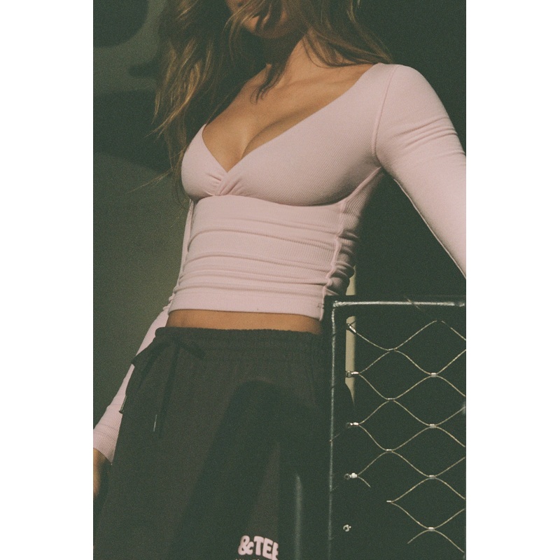 Ribbed Modal Ruched V-Neck Top in Soft Pink