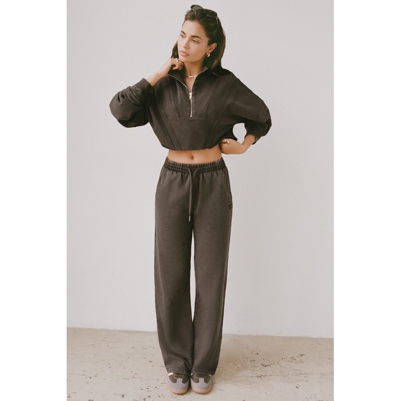 Acid Wash Wide-Leg Joggers in Brown