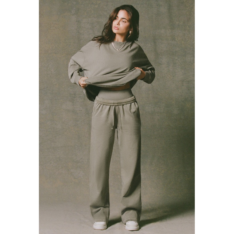Acid Wash Wide-Leg Joggers in Light Green