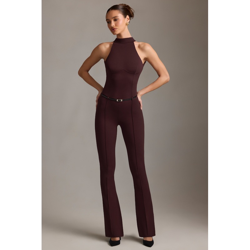 Backless Turtleneck Jumpsuit in Chocolate Brown