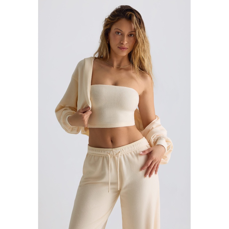 Brushed Jersey Hooded Cropped Shrug in Ecru