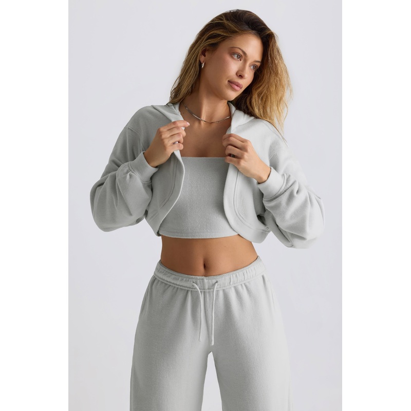 Brushed Jersey Hooded Cropped Shrug in Fog Grey
