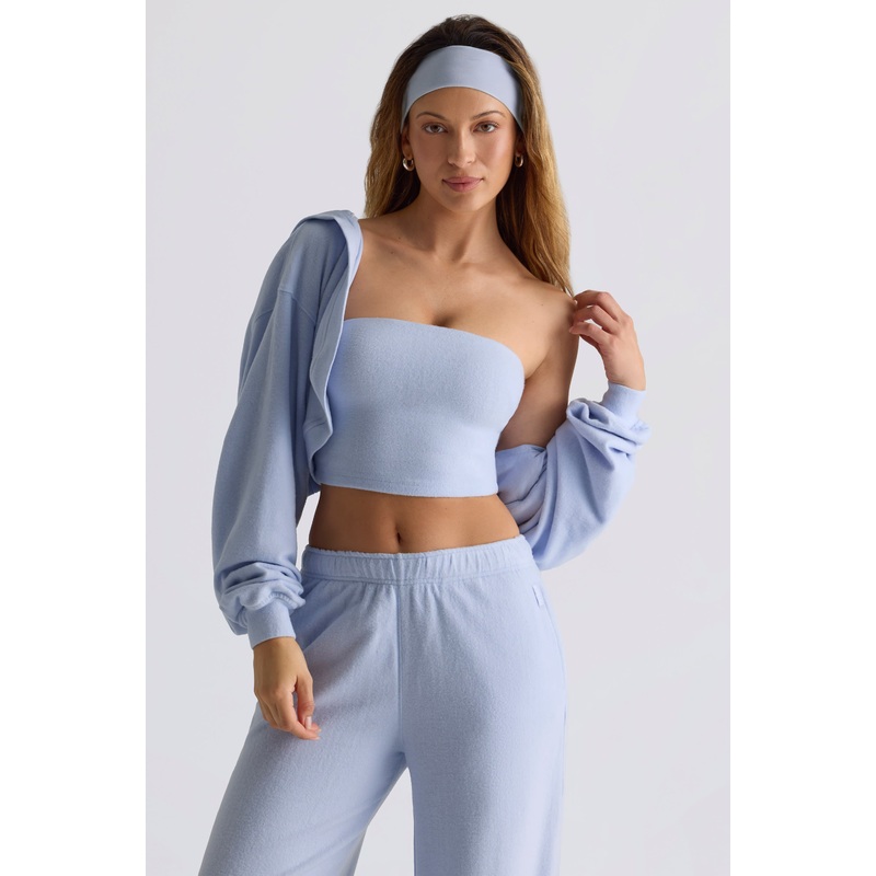Brushed Jersey Hooded Cropped Shrug in Soft Blue