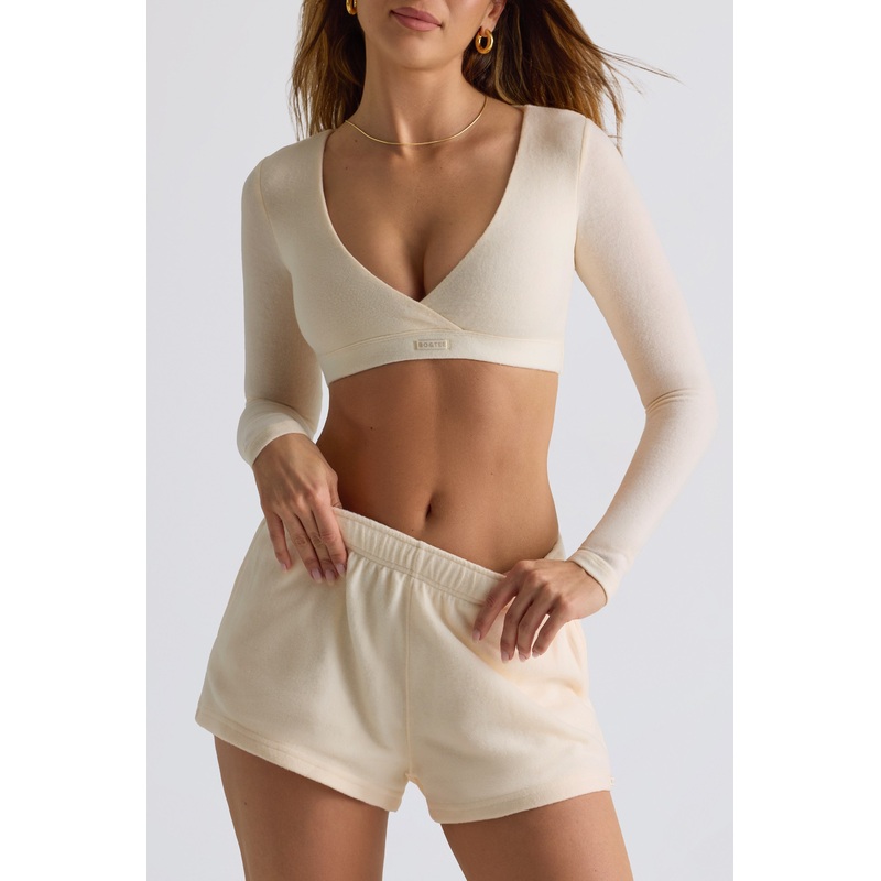 Brushed Jersey Wrap Crop Top in Ecru