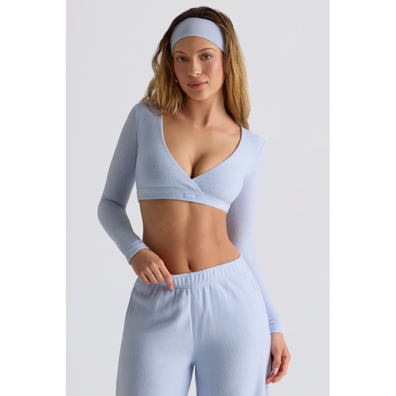 Brushed Jersey Wrap Crop Top in Soft Blue