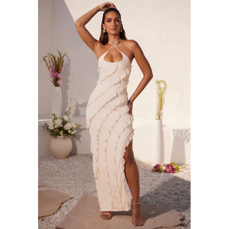 Cross Strap Ruffle Floor Length Dress in Ivory