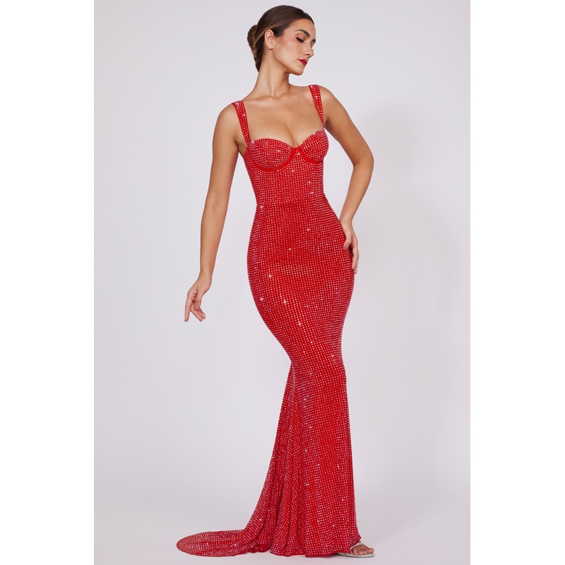 Embellished Corset Fishtail Evening Gown in Fire Red