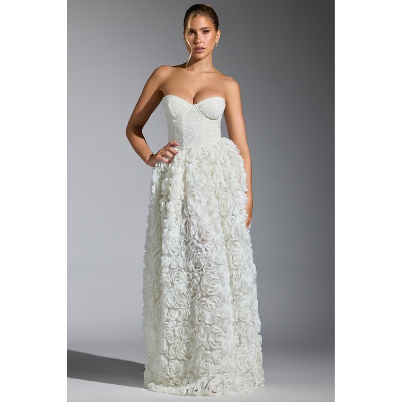 Embellished Floral-Appliqu Corset Gown in White