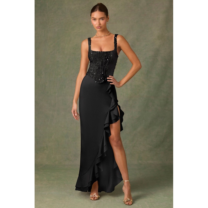 Embellished Ruffle-Trim Corset Gown in Black