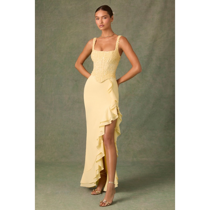 Embellished Ruffle-Trim Corset Gown in Yellow