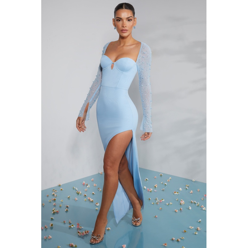 Embellished Side Split Maxi Dress in Light Blue