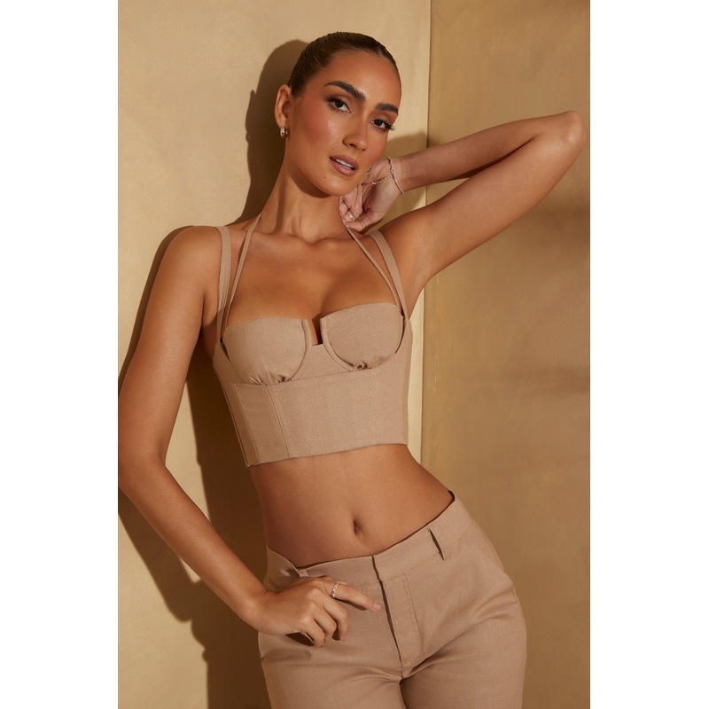 Gathered Bust Linen Crop Top in Tan