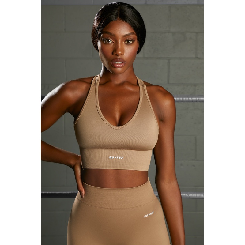 Overhaul Racer Knot Back Seamless Crop Top in Brown