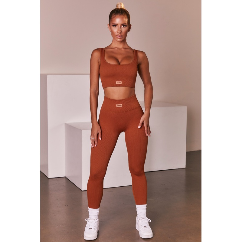 Ribbed Full Length Leggings in Light Brown