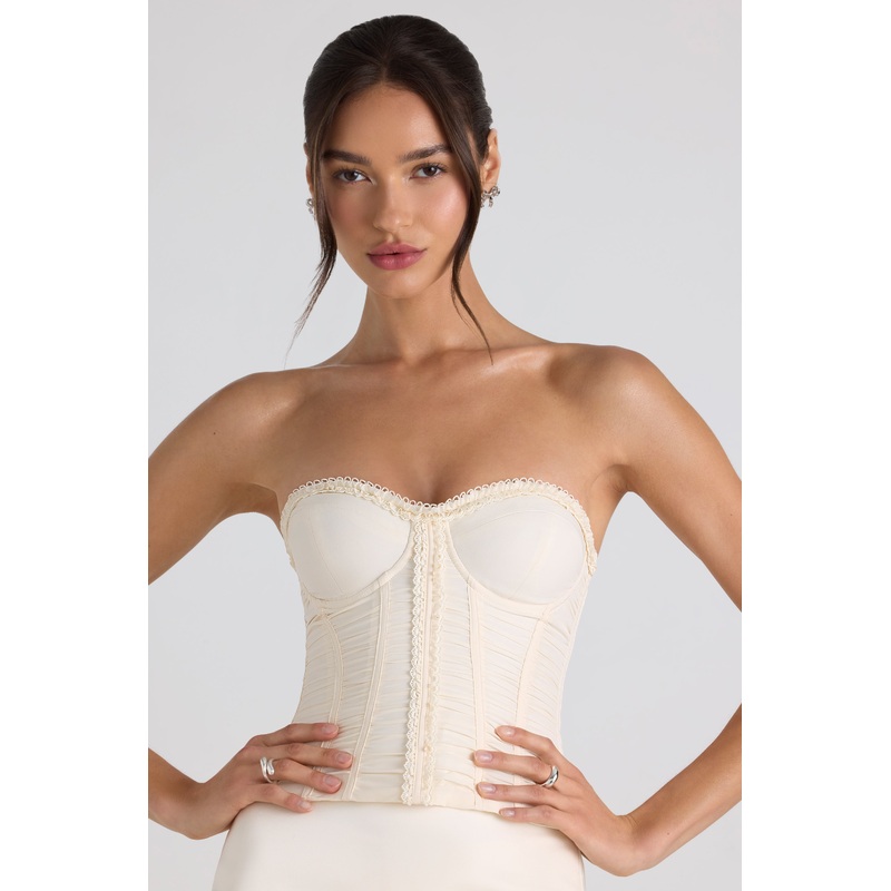 Ruched Lace-Up Strapless Corset Top in Ivory