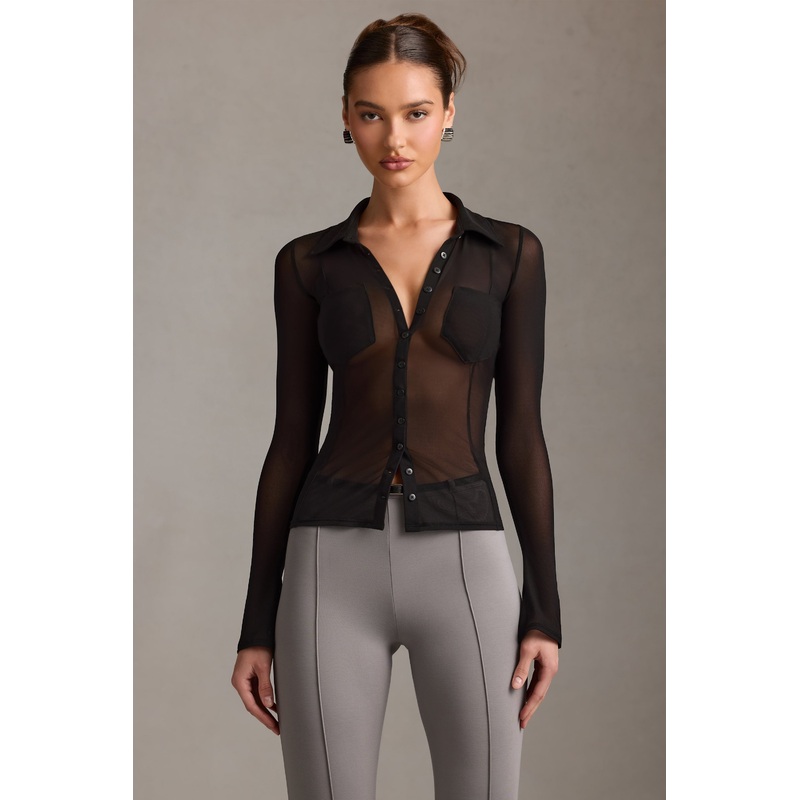Sheer Long-Sleeve Shirt in Black