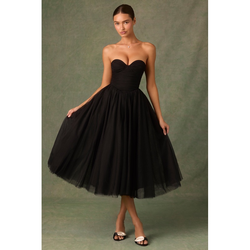 Tulle Corset Midaxi Dress in Black