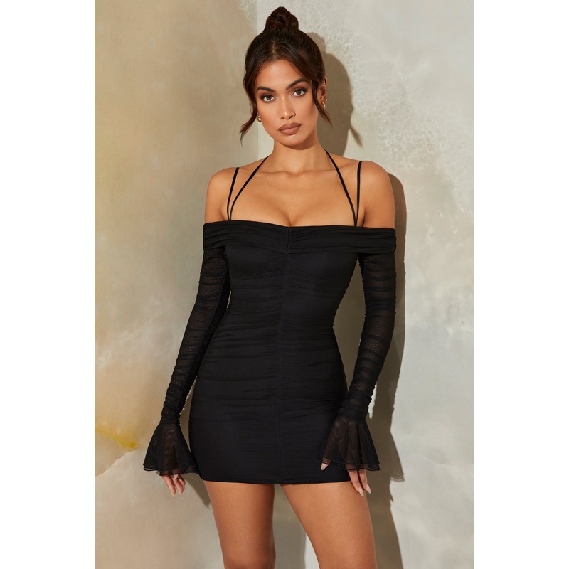 Bardot Long Sleeve Ruched Mini Dress in Black