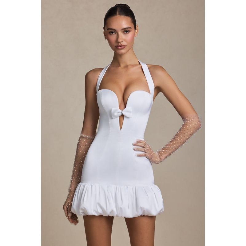 Bow-Detail Halterneck Bubble Hem Mini Dress in White