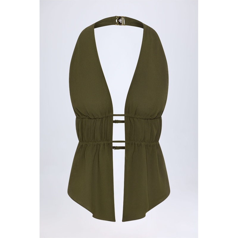 Cut-Out Semi-Sheer Ruched Halterneck Crop Top in Dark Khaki
