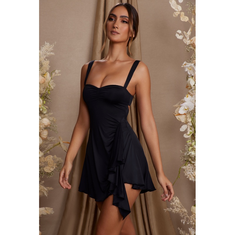 Draped A-Line Mini Dress in Black