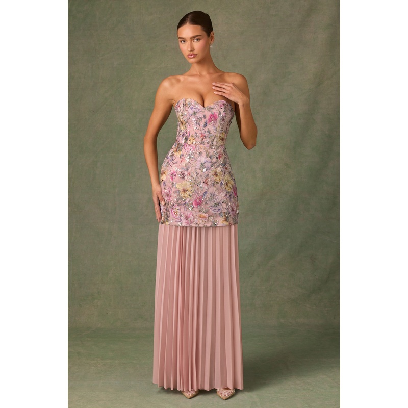 Embellished Convertible Lace-Up Gown in Floral Pink